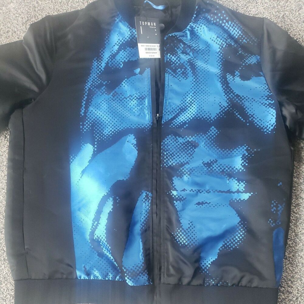 TOPMAN JACKET Medium Black Blue Abstract Bomber Jacket Coat - Picture 3 of 9